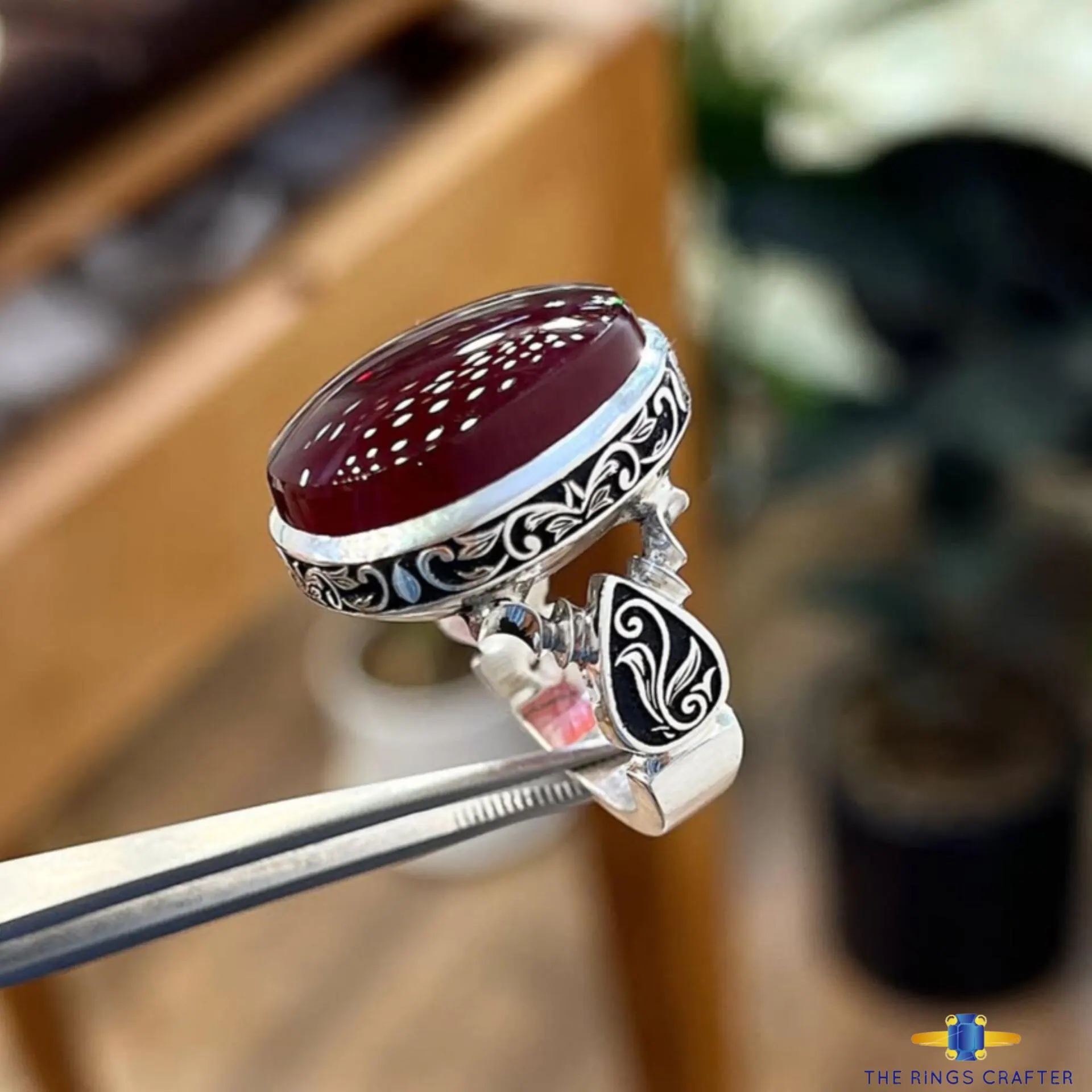 Natural Red Blood Yemeni Agate Stone Ring Rare Red Akik 925 Sterling Silver Handmade Dark Red Yemeni Aqeeq Ring for Men