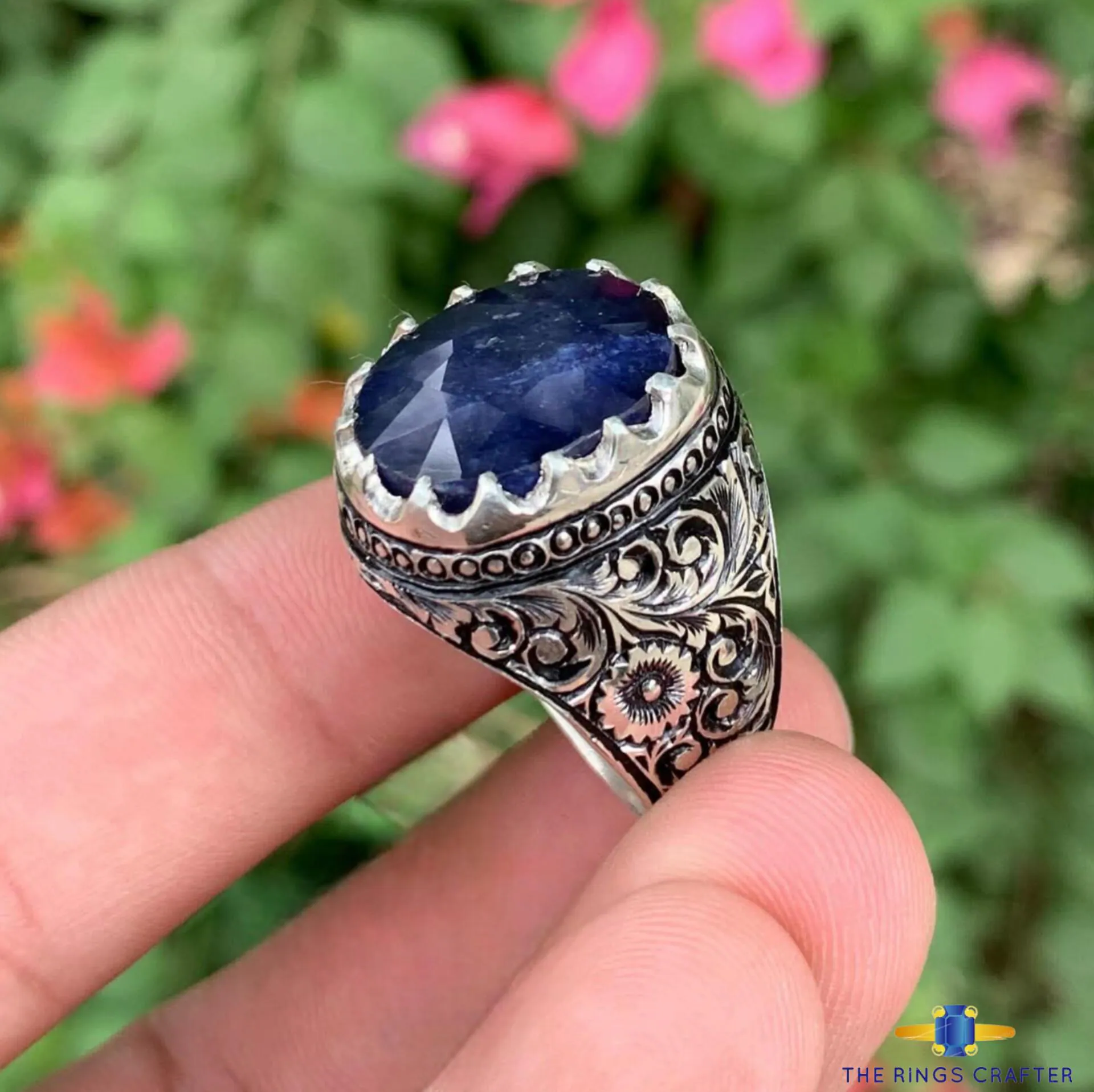 Natural African Blue Sapphire Ring Big Oval Cut Sapphire Statement Ring Blue Sapphire Artisan Ring Handmade 925 Silver Neelam Sapphire Ring