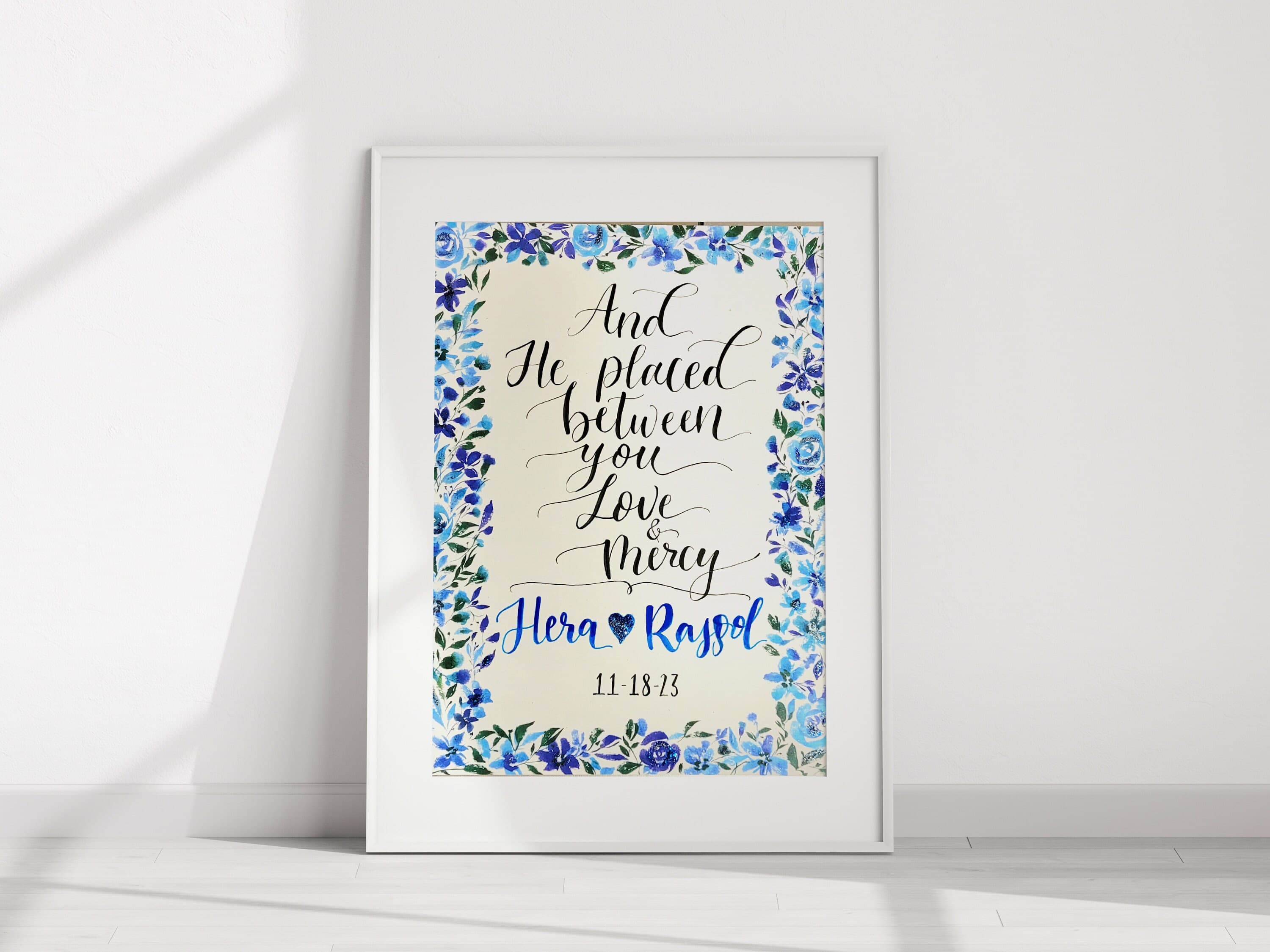 Wedding Gift, Watercolor Floral Border Print, Handlettered Verse with Personalized Couple Names, Islamic Wallart, Customized Gift