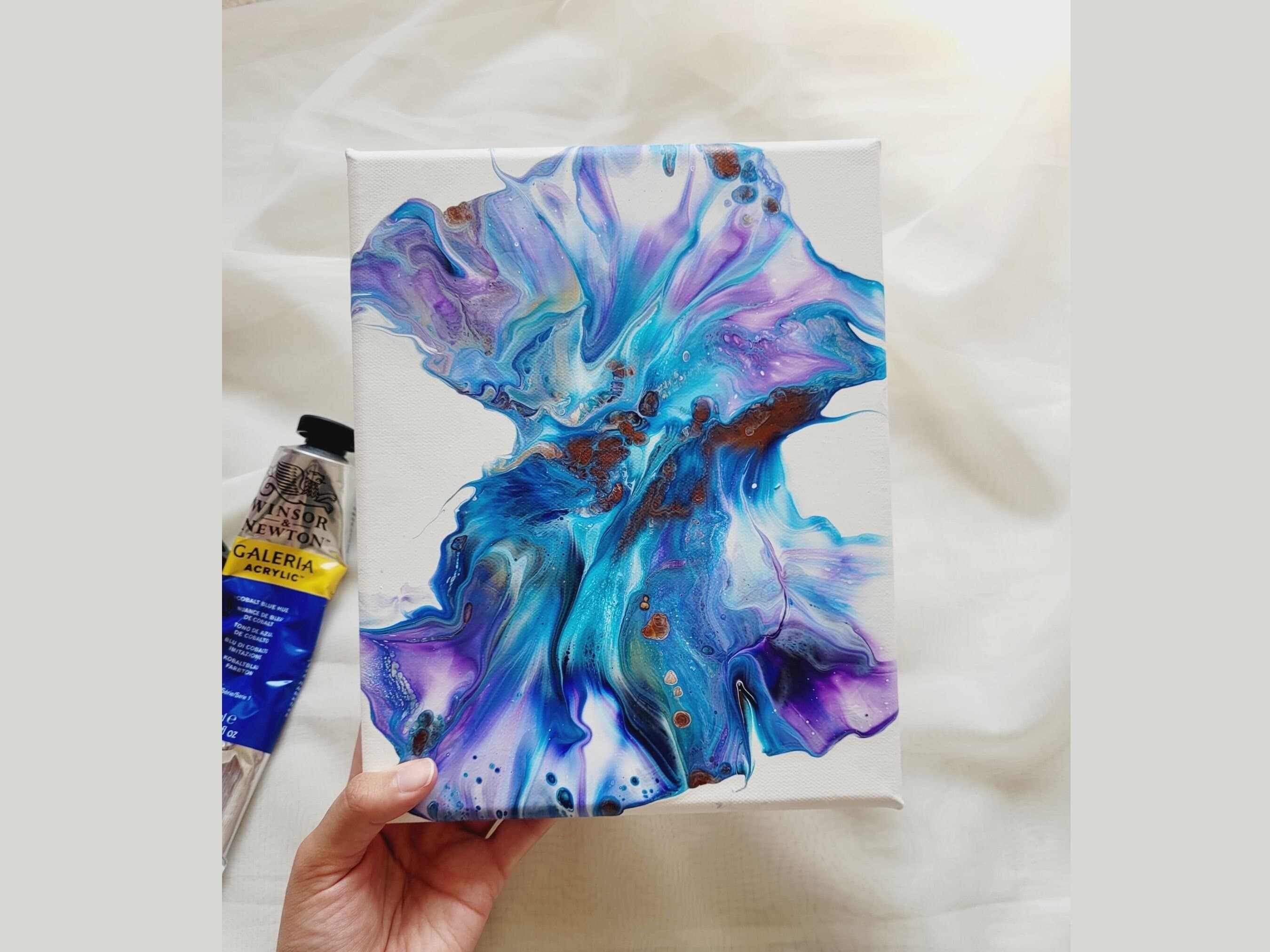 Original Fluid Dutch Pour, Fluid Artwork, Fluid Pour, Abstract Art Canvas, 8 x 11 Fluid Painting Gift, Blue and Purple fluid painting