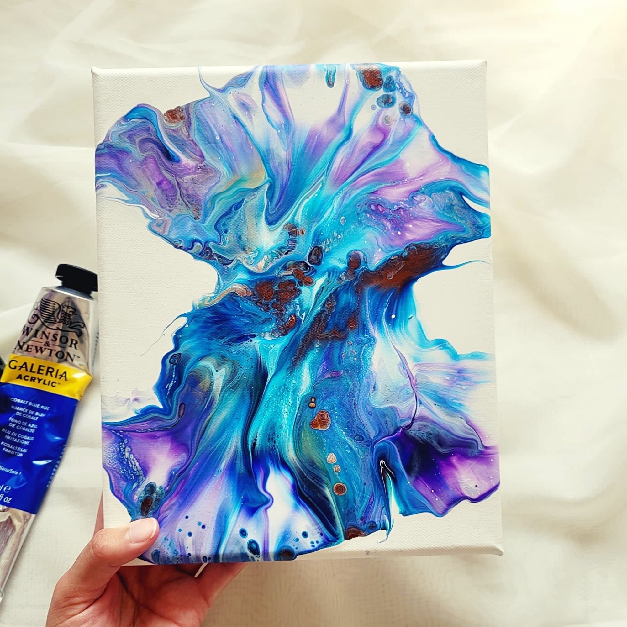 Original Fluid Dutch Pour, Fluid Artwork, Fluid Pour, Abstract Art Canvas, 8 x 11 Fluid Painting Gift, Blue and Purple fluid painting - image 3