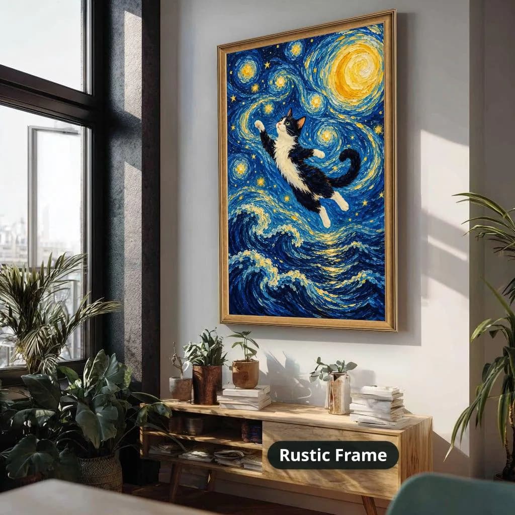 Black-and-white cat reaching through swirling blue waves and golden stars in a dreamy impressionist style. Shown as a stretched canvas print displayed on a wall, view 4.