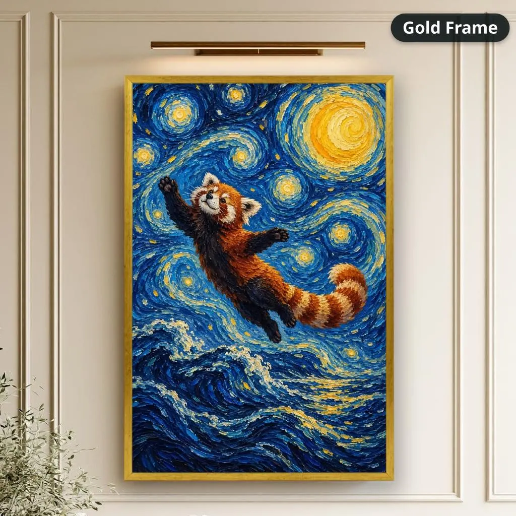 Playful red panda leaps over swirling blue waves beneath golden stars in a whimsical impressionist style. Shown as a stretched canvas print displayed on a wall, view 2.