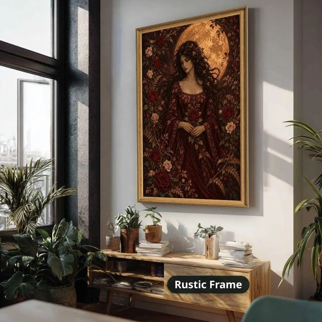 Dark-haired woman in a burgundy floral gown stands among roses beneath a golden moon in a gothic vintage style. Shown as a stretched canvas print displayed on a wall, view 4.