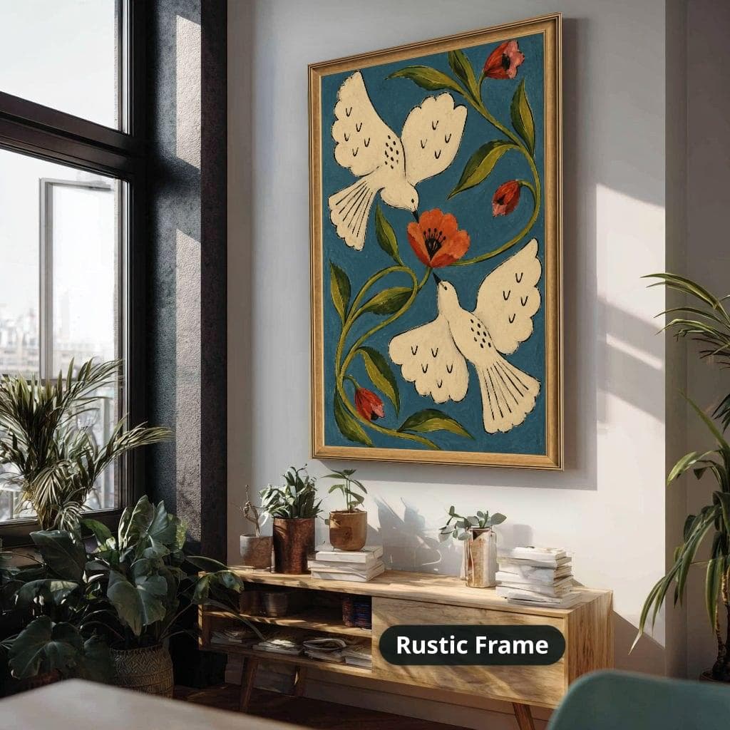 Vintage folk-art canvas print of two cream doves and red flowers with green vines on deep blue, hanging in a rustic frame above a wooden console with plants.
