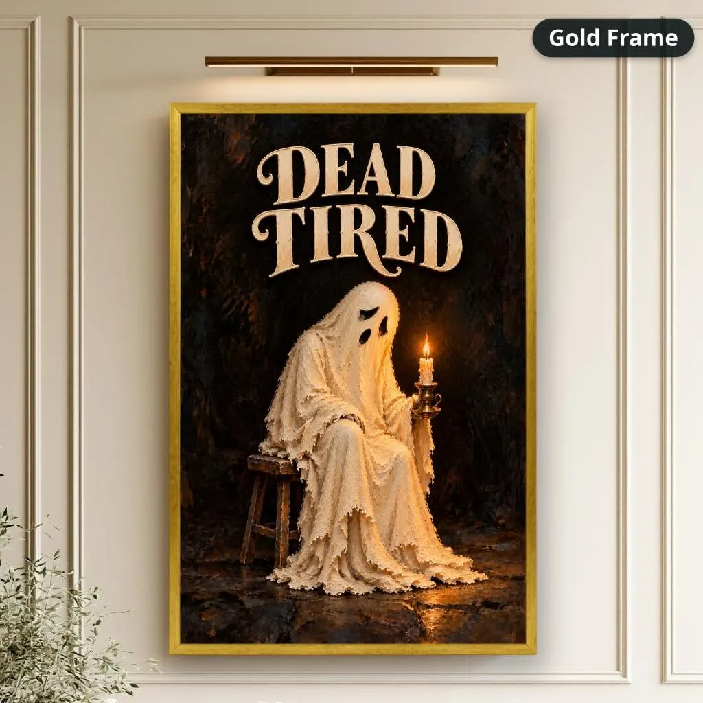 A weary sheet-covered ghost sits holding a candle beneath DEAD TIRED lettering in a dark vintage gothic style. Shown as a stretched canvas print displayed on a wall, view 2.