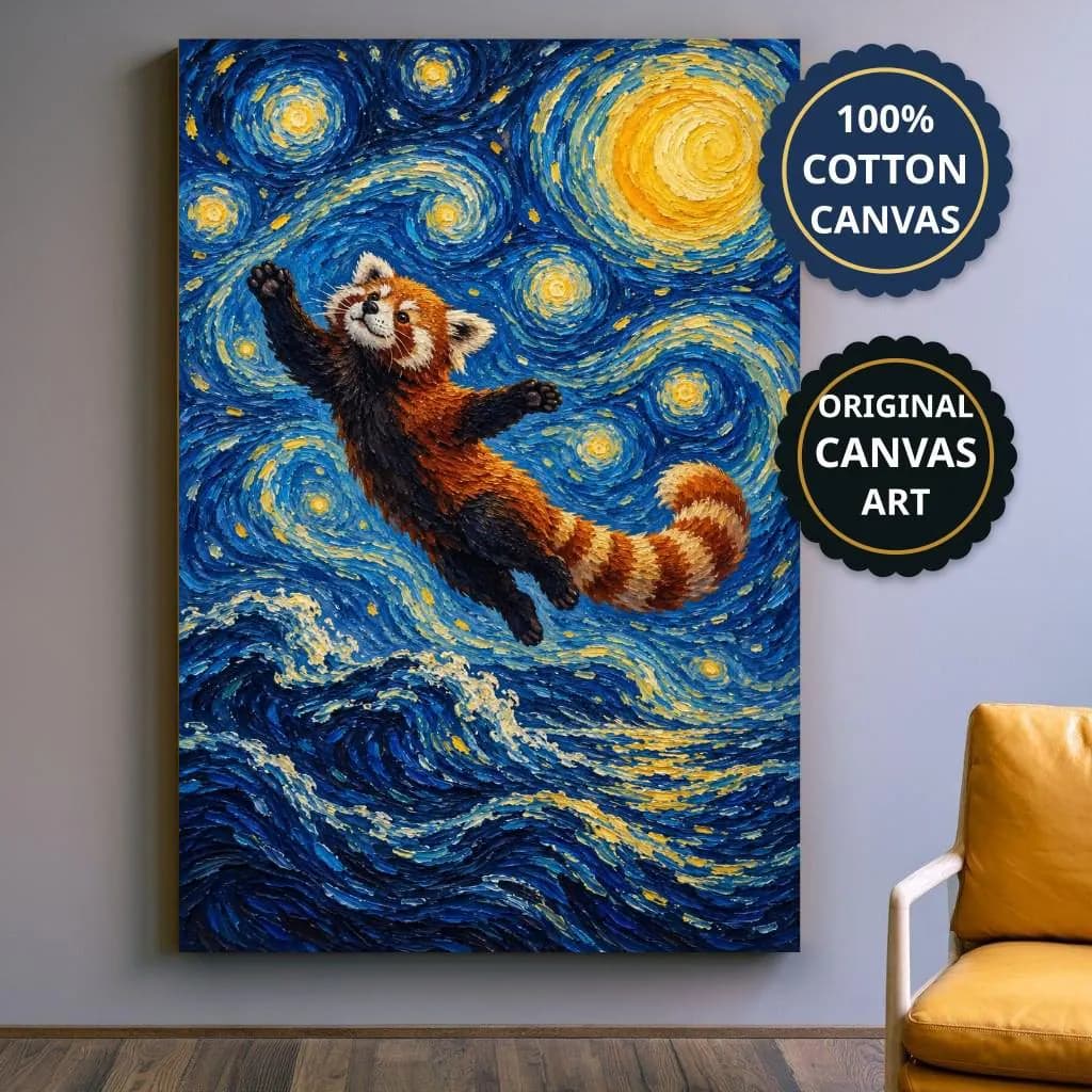 Leaping Red Panda Art Print Canvas Above Ocean Waves, Whimsical Impressionist, Nursery Gift