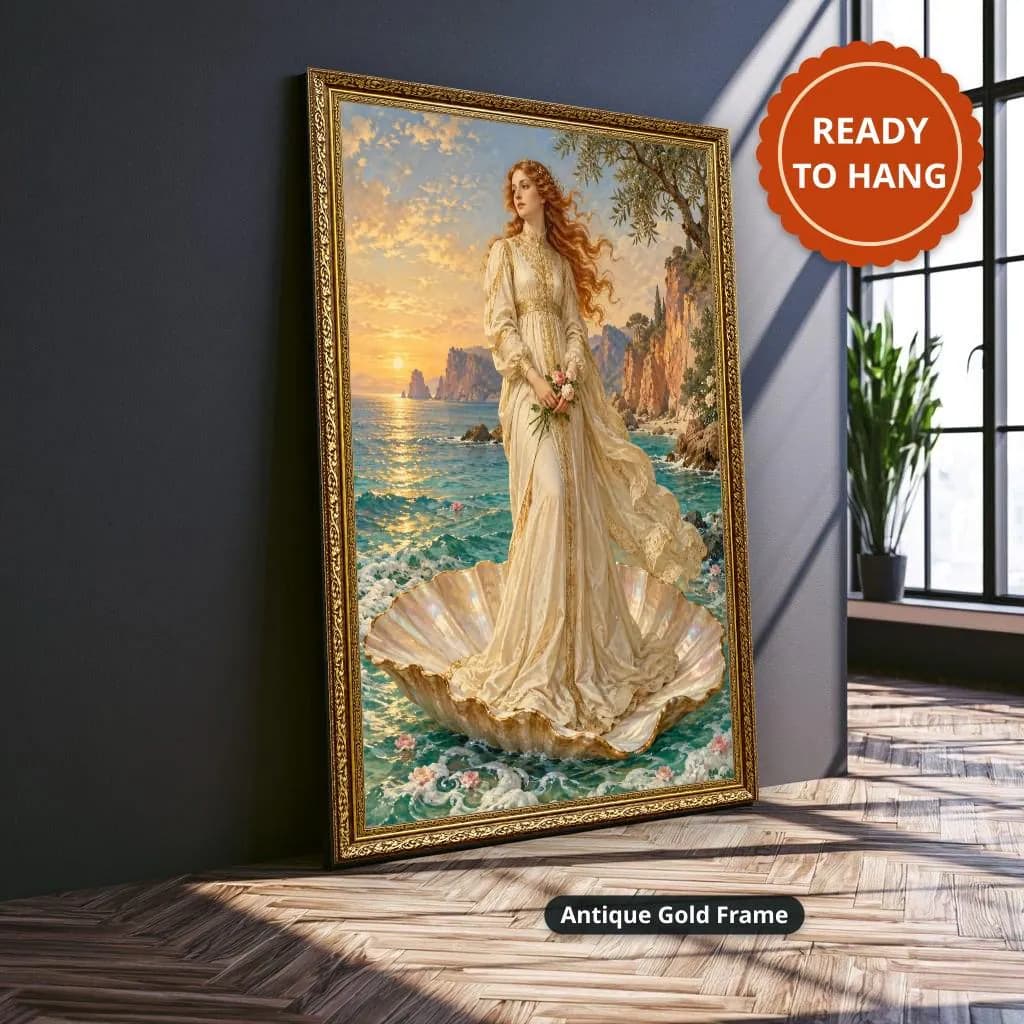 Romantic fantasy canvas wall art shows the red-haired woman in a cream gown on a shell above turquoise sunset waves, leaning in an antique gold frame against a dark wall.