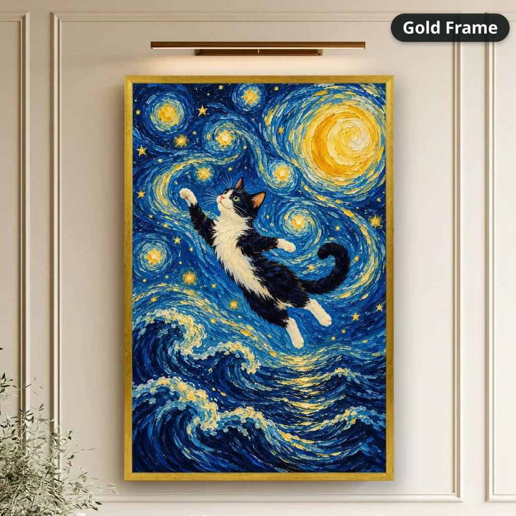 Black-and-white cat reaching through swirling blue waves and golden stars in a dreamy impressionist style. Shown as a stretched canvas print displayed on a wall, view 2.