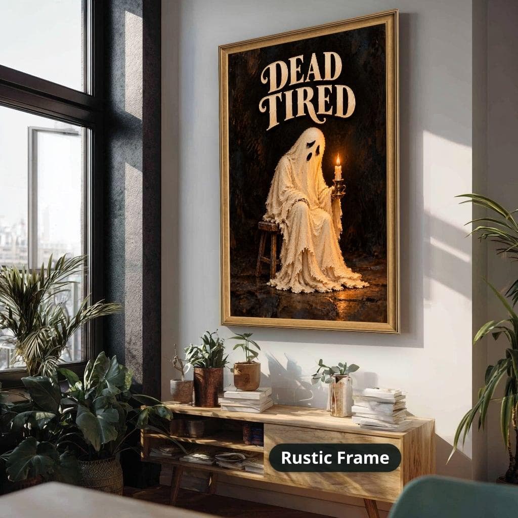 A weary sheet-covered ghost sits holding a candle beneath DEAD TIRED lettering in a dark vintage gothic style. Shown as a stretched canvas print displayed on a wall, view 4.