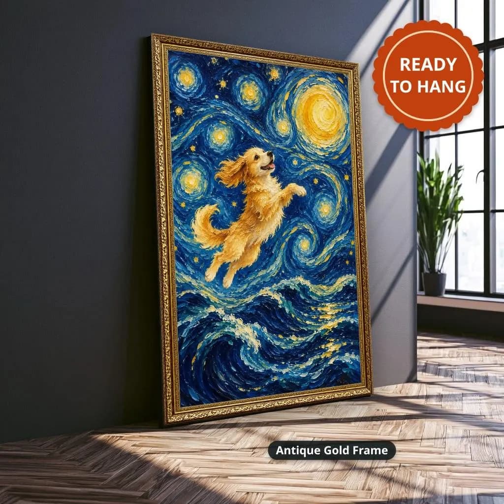 Golden dog leaping over swirling blue waves beneath glowing stars in expressive post-impressionist brushstrokes. Shown as a stretched canvas print displayed on a wall, view 3.