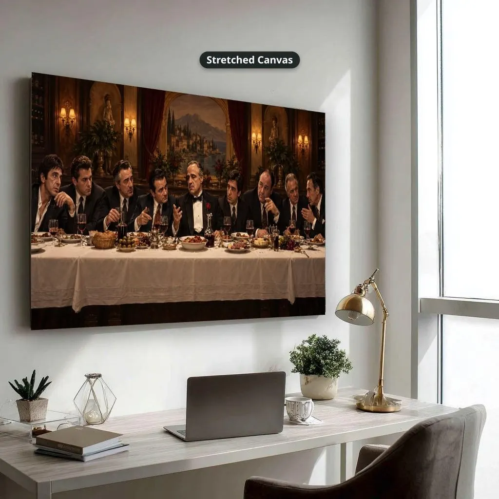 Formally dressed men dine at a long table in a candlelit ornate room, painted in dark brown cinematic vintage tones. Shown as a stretched canvas print displayed on a wall, view 4.