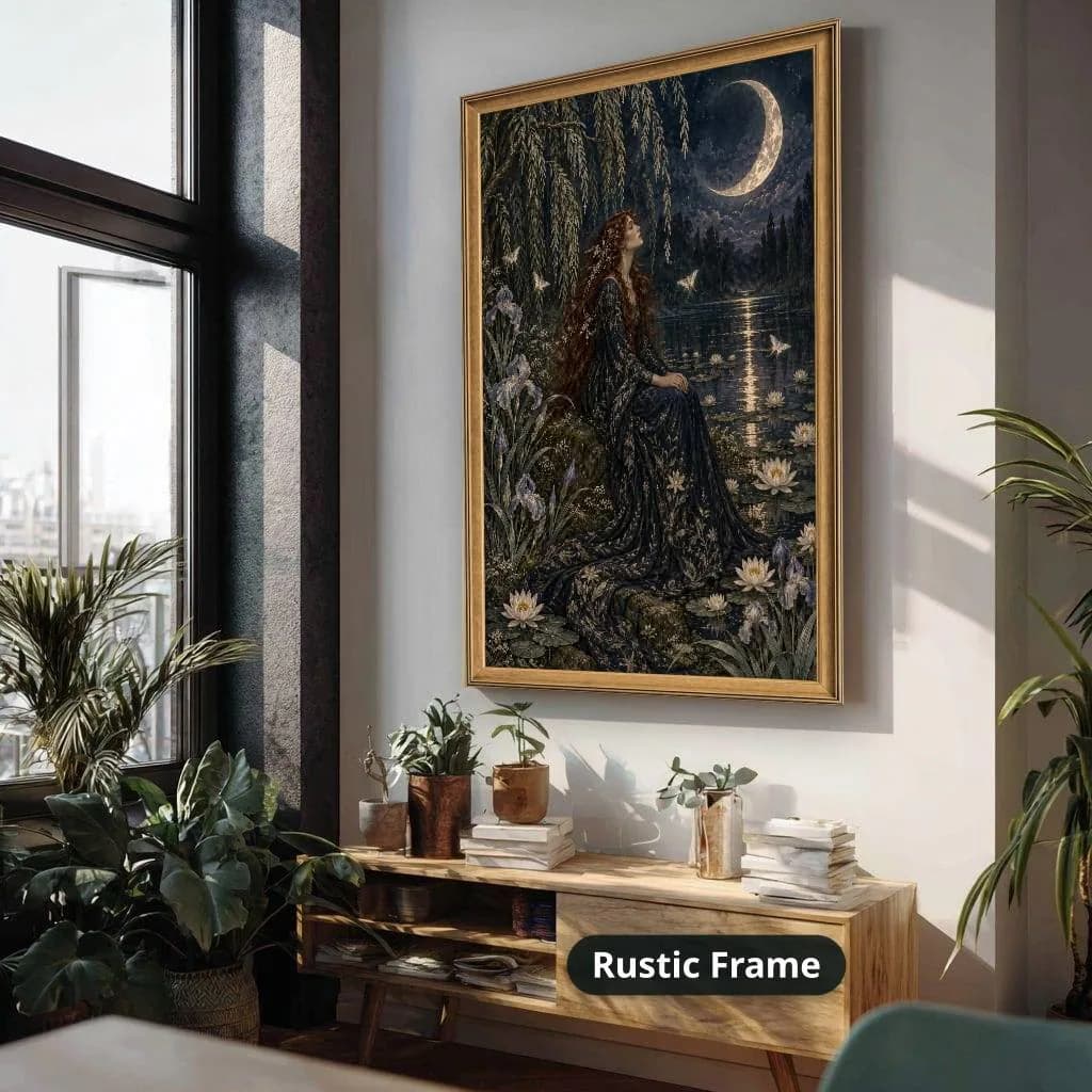 Red-haired woman in a dark floral gown sits beside a moonlit pond with lilies in detailed romantic art. Shown as a stretched canvas print displayed on a wall, view 4.
