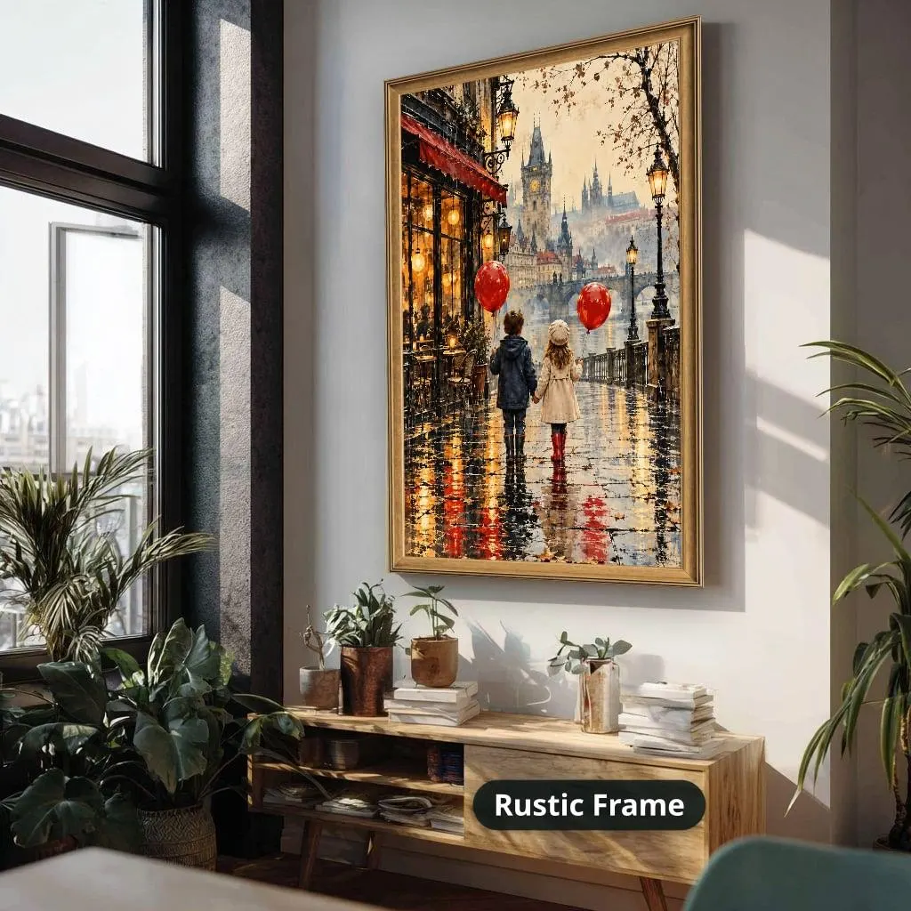 Vintage storybook canvas wall art shows two children with red balloons on a rainy historic city street, hung in a bright room above a wooden console with plants.