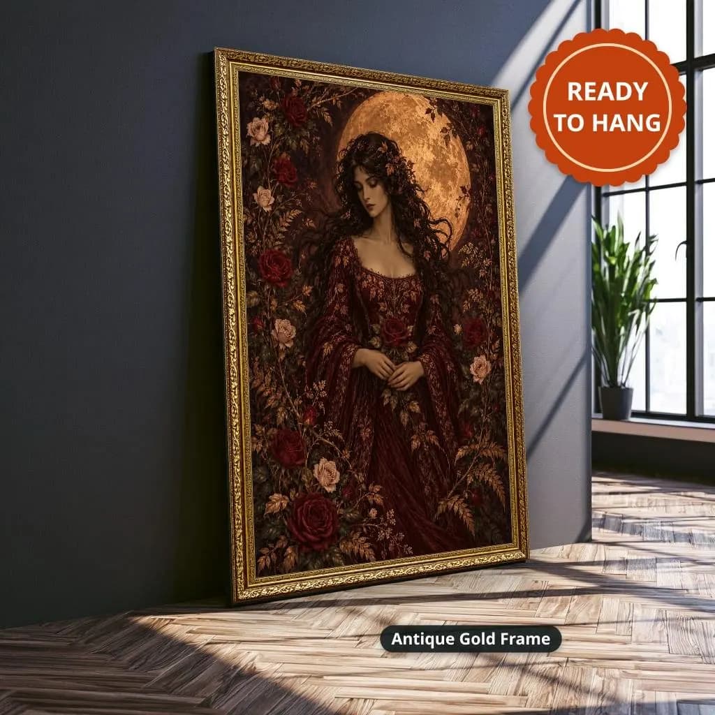 Dark-haired woman in a burgundy floral gown stands among roses beneath a golden moon in a gothic vintage style. Shown as a stretched canvas print displayed on a wall, view 3.