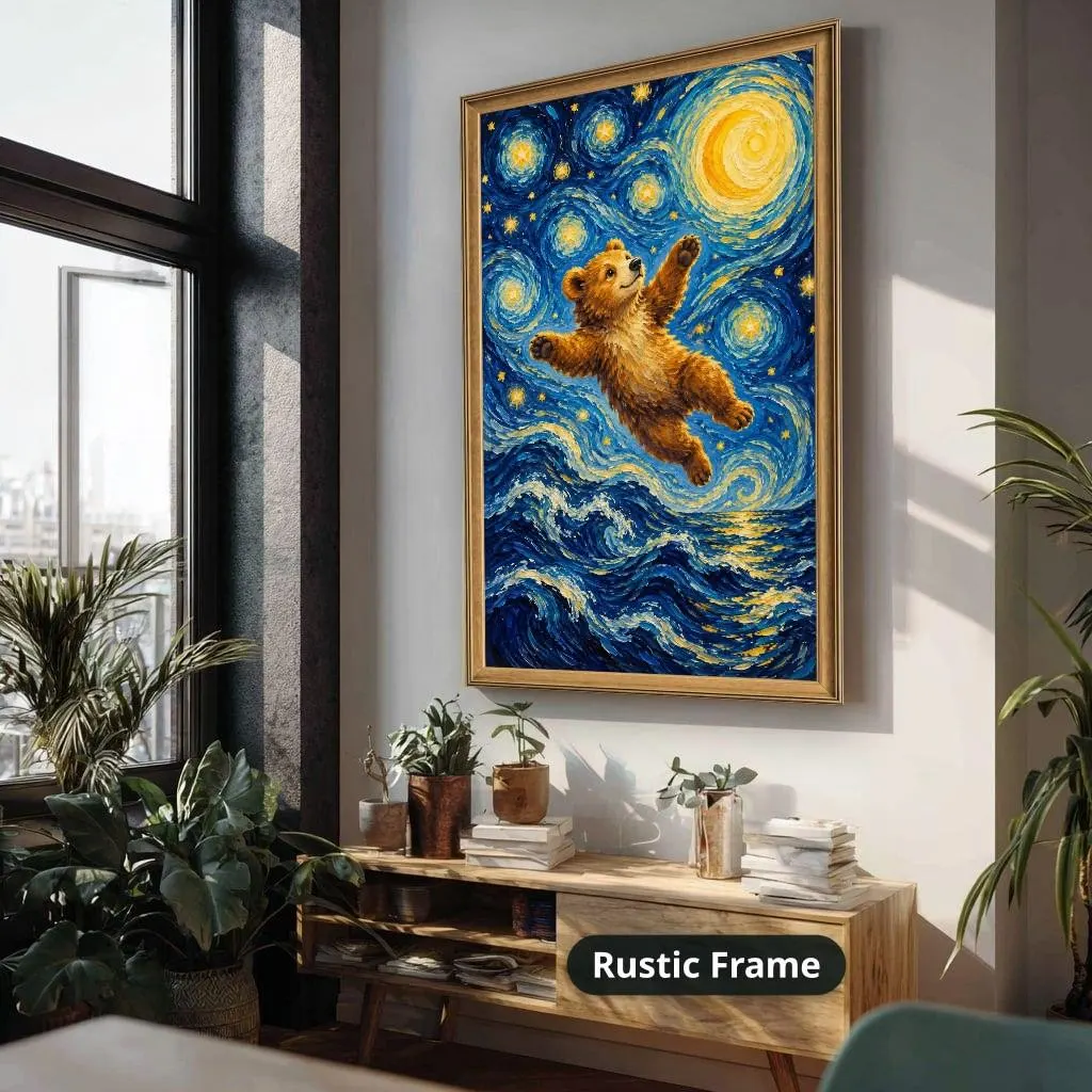 Brown bear reaches through swirling blue starry skies above ocean waves in a whimsical impressionist style. Shown as a stretched canvas print displayed on a wall, view 4.