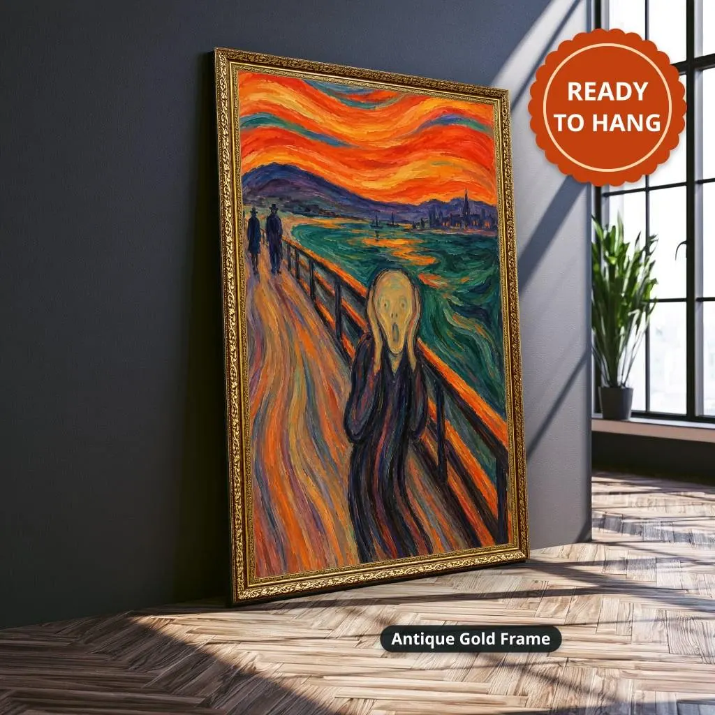Distressed figure on a bridge above a swirling fjord under orange and red clouds in expressive expressionist style. Shown as a stretched canvas print displayed on a wall, view 3.