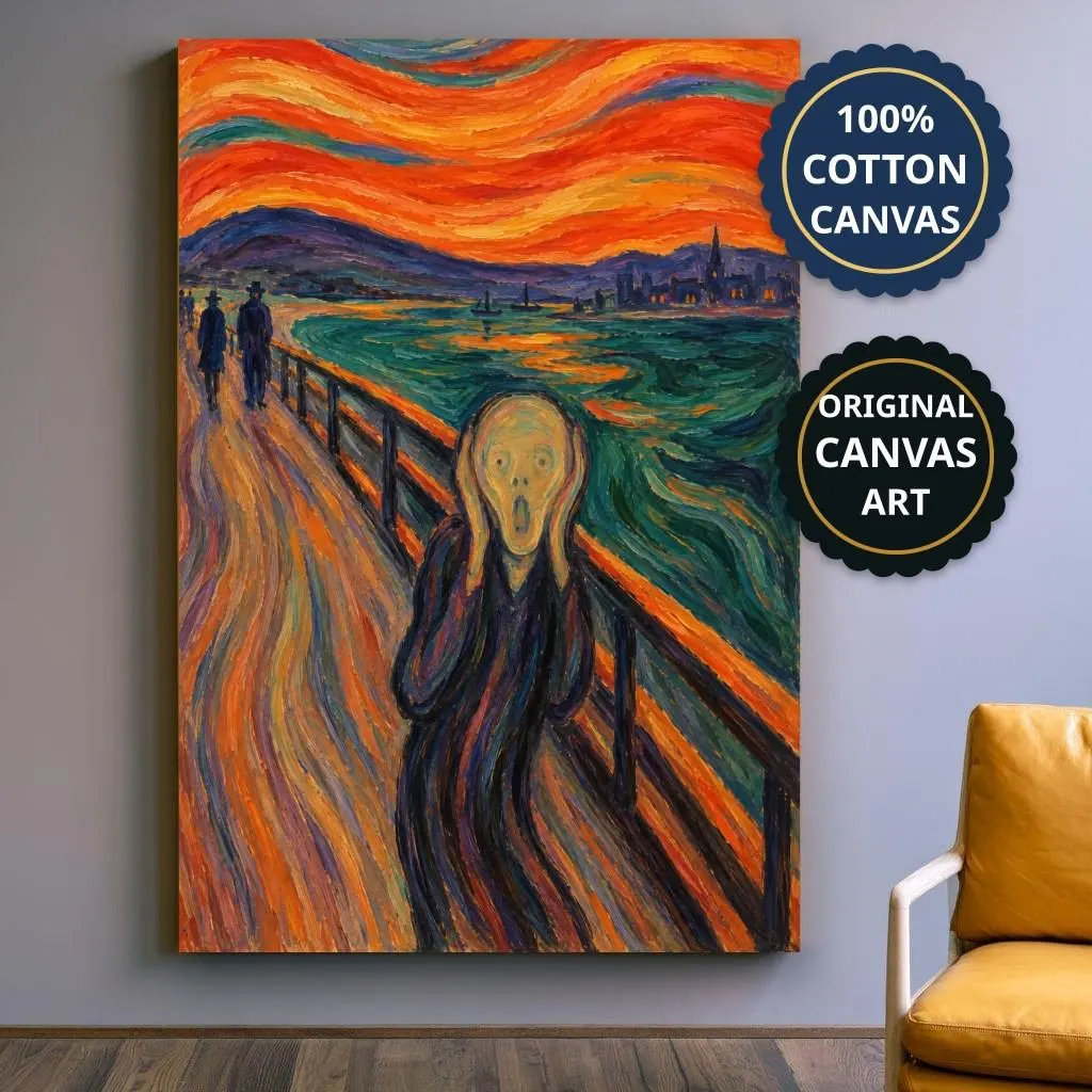 Distressed Figure Above Fjord Canvas, Expressionist Art, Home Office Decor Print