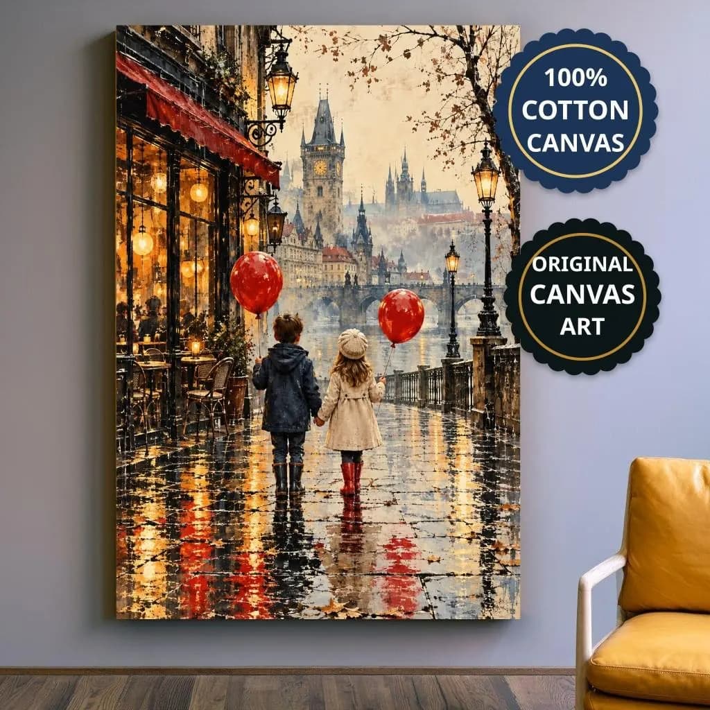 Prague Wall Art Canvas With Children And Red Balloons, Vintage Storybook, Entryway Gift