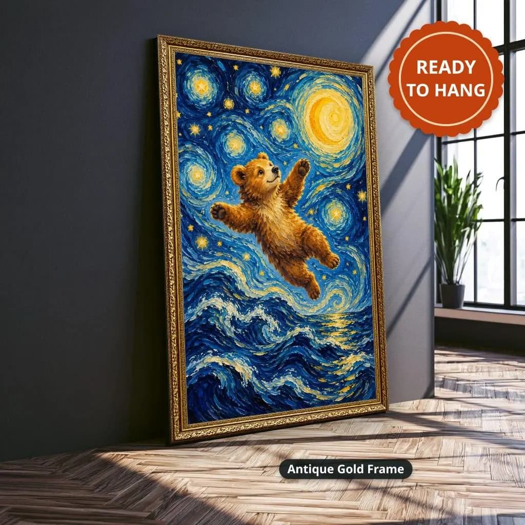 Brown bear reaches through swirling blue starry skies above ocean waves in a whimsical impressionist style. Shown as a stretched canvas print displayed on a wall, view 3.