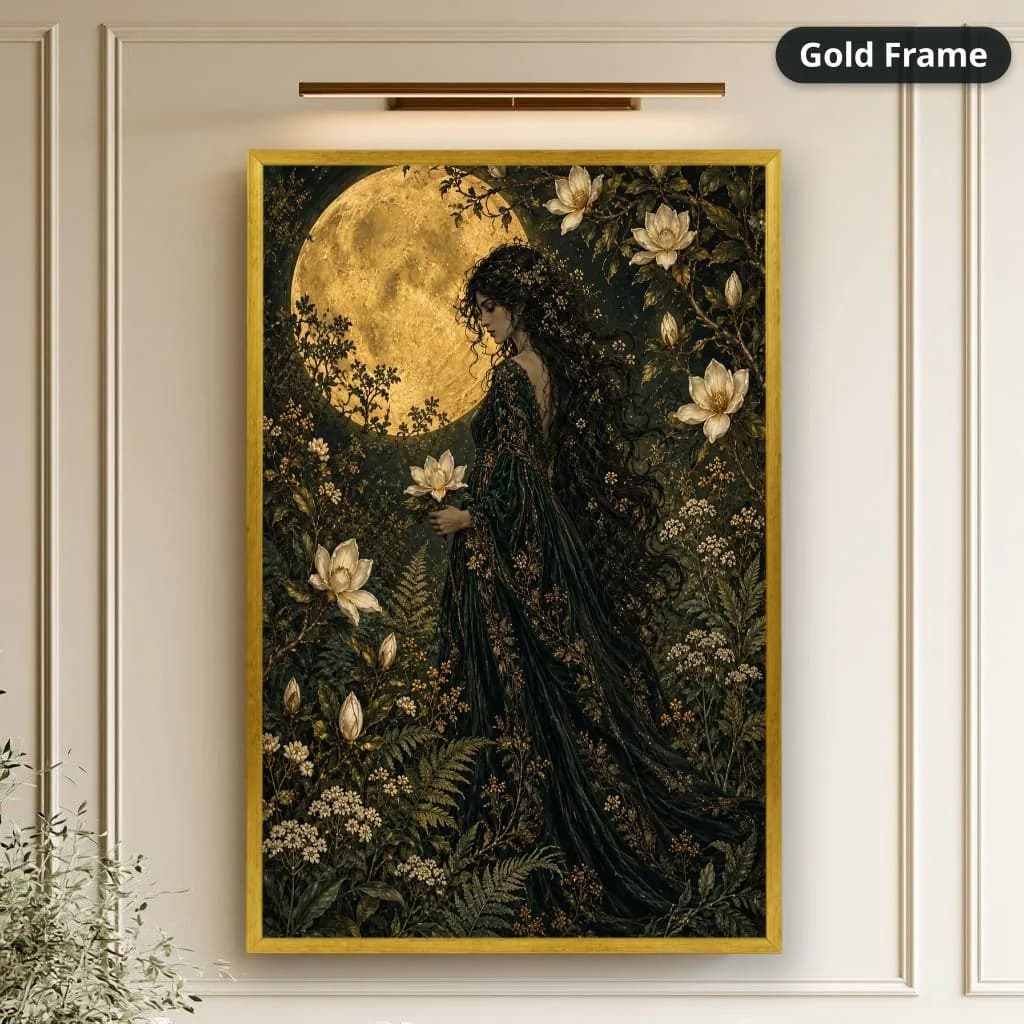 Dark-haired woman in a flowing green gown stands among flowers beneath a golden moon in a detailed Art Nouveau fantasy style. Shown as a stretched canvas print displayed on a wall, view 2.