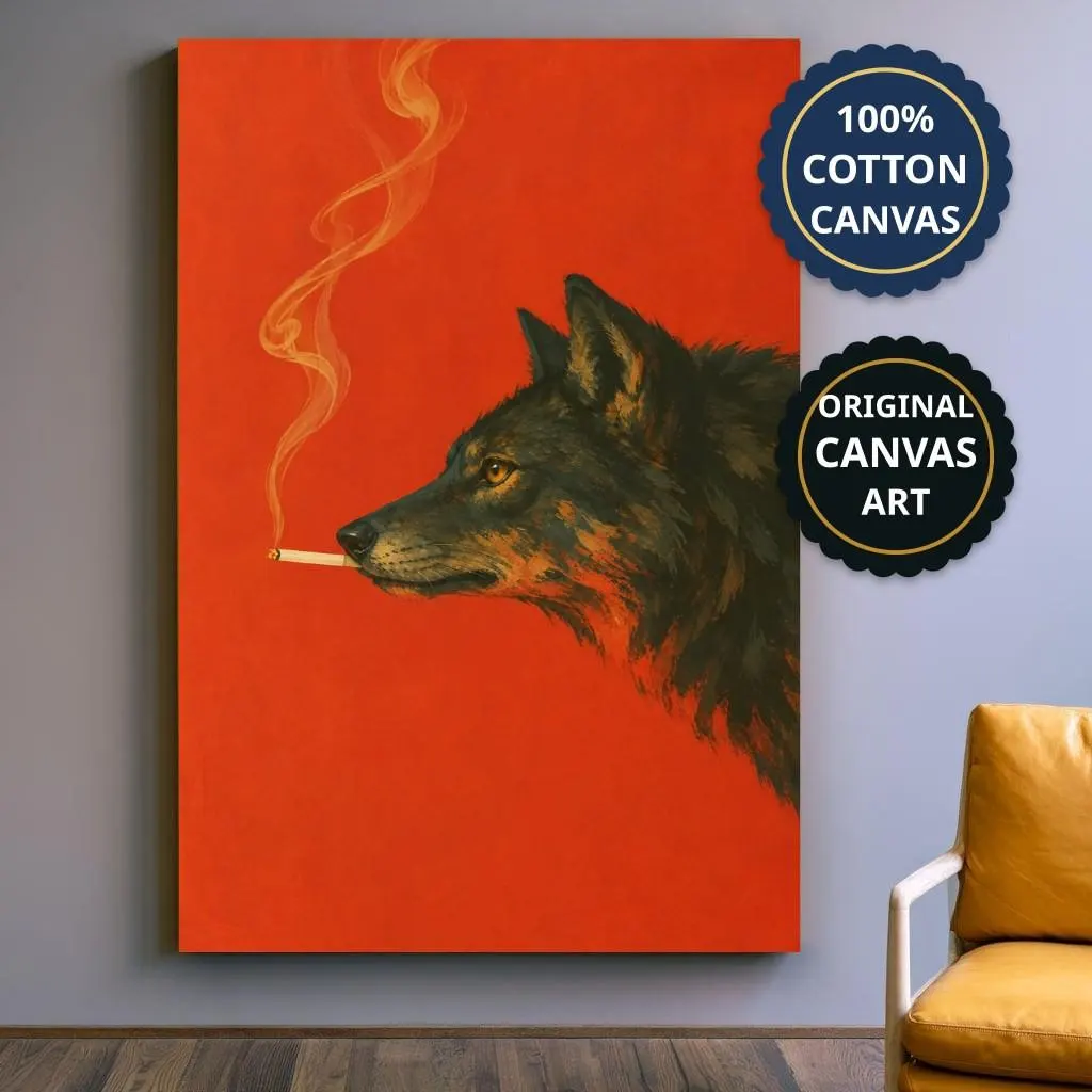 Smoking Wolf Art Print Canvas, Vivid Red Vintage Noir, Home Bar Decor