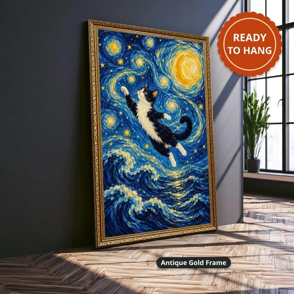 Black-and-white cat reaching through swirling blue waves and golden stars in a dreamy impressionist style. Shown as a stretched canvas print displayed on a wall, view 3.
