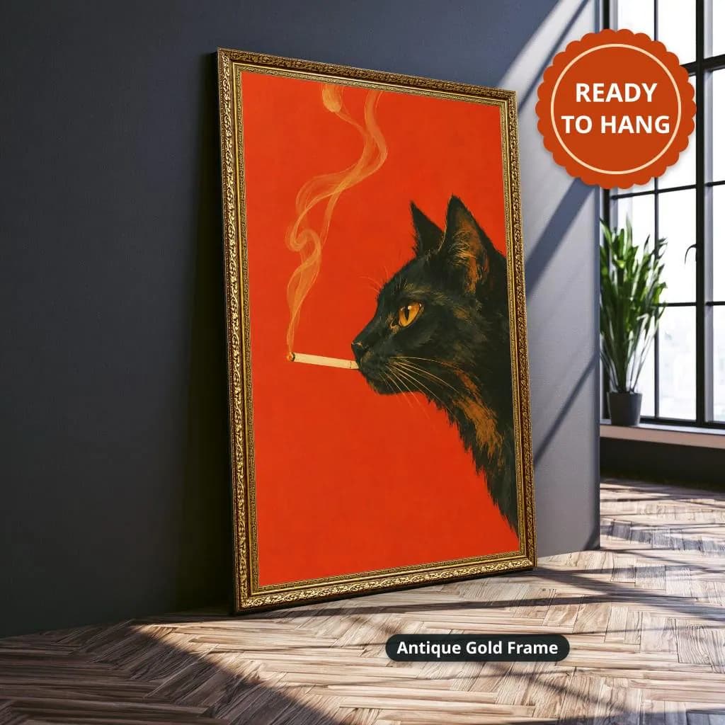 Black cat smoking a cigarette in profile against a vivid red background, rendered in a vintage noir painting style. Shown as a stretched canvas print displayed on a wall, view 3.