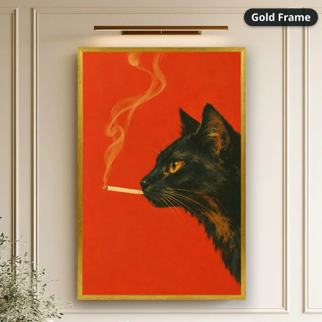 Black cat smoking a cigarette in profile against a vivid red background, rendered in a vintage noir painting style. Shown as a stretched canvas print displayed on a wall, view 2.