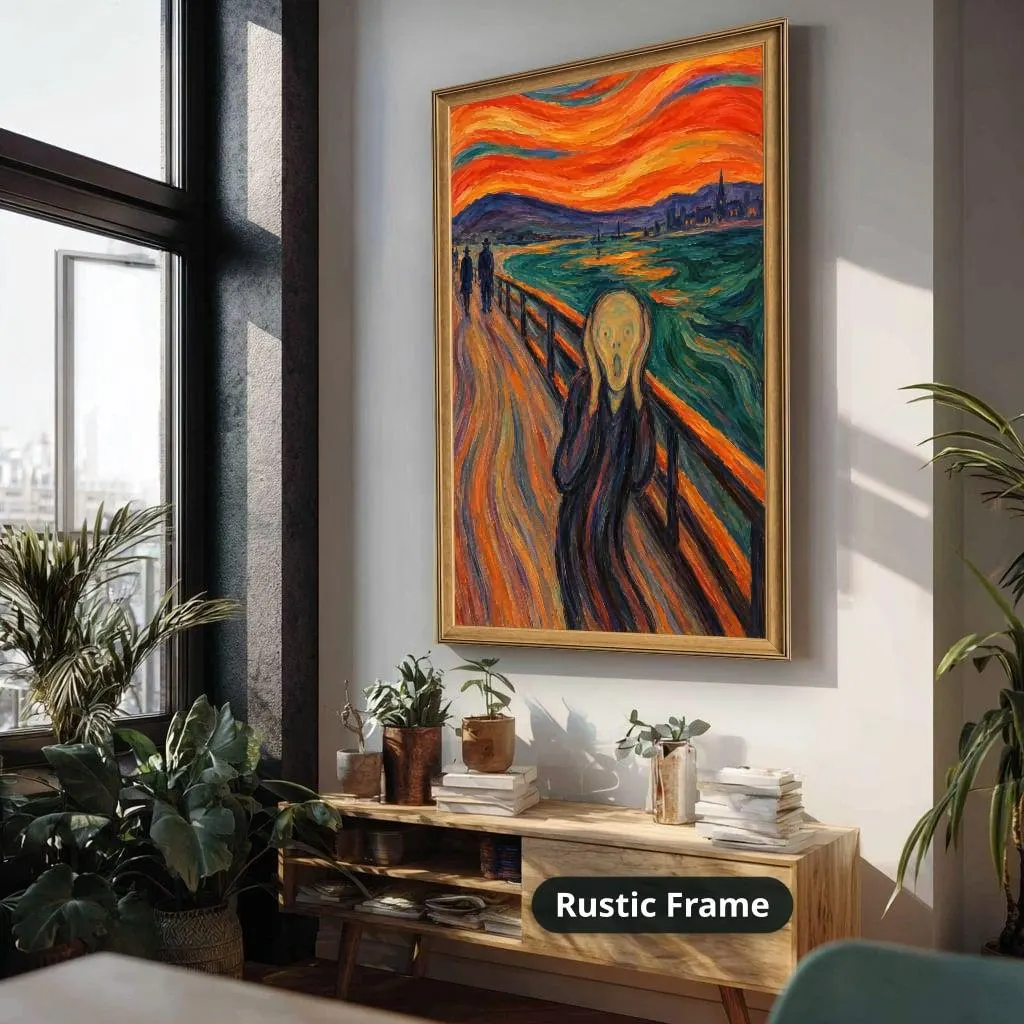 Distressed figure on a bridge above a swirling fjord under orange and red clouds in expressive expressionist style. Shown as a stretched canvas print displayed on a wall, view 4.