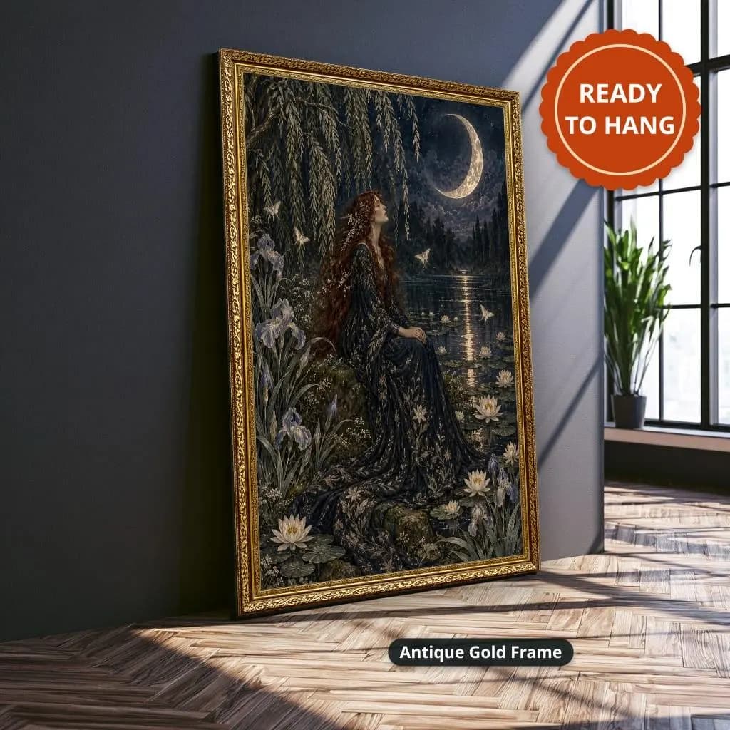 Red-haired woman in a dark floral gown sits beside a moonlit pond with lilies in detailed romantic art. Shown as a stretched canvas print displayed on a wall, view 3.