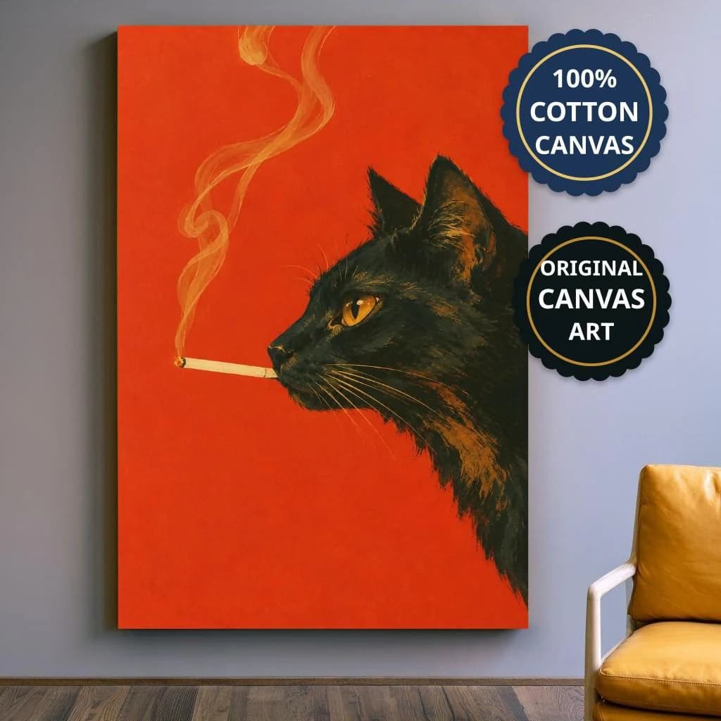 Black Cat Art Print Canvas With Cigarette Smoke, Vintage Noir, Home Bar Decor