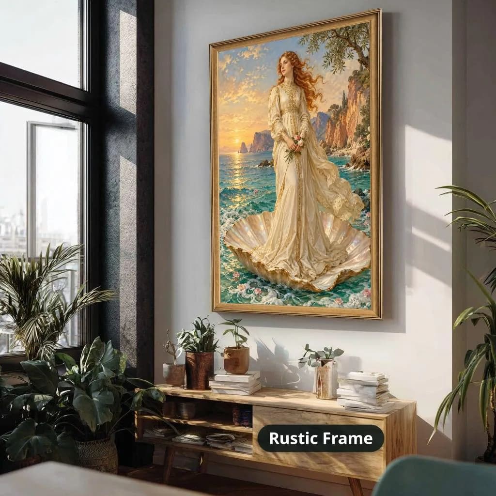 Romantic fantasy canvas wall art shows the red-haired woman in a cream gown on a shell above turquoise sunset waves, hung in a rustic frame above a wooden console with plants.
