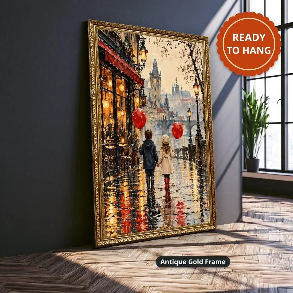 Vintage storybook canvas wall art shows two children with red balloons walking through a rainy historic city street, shown at an angle in an ornate antique gold frame.