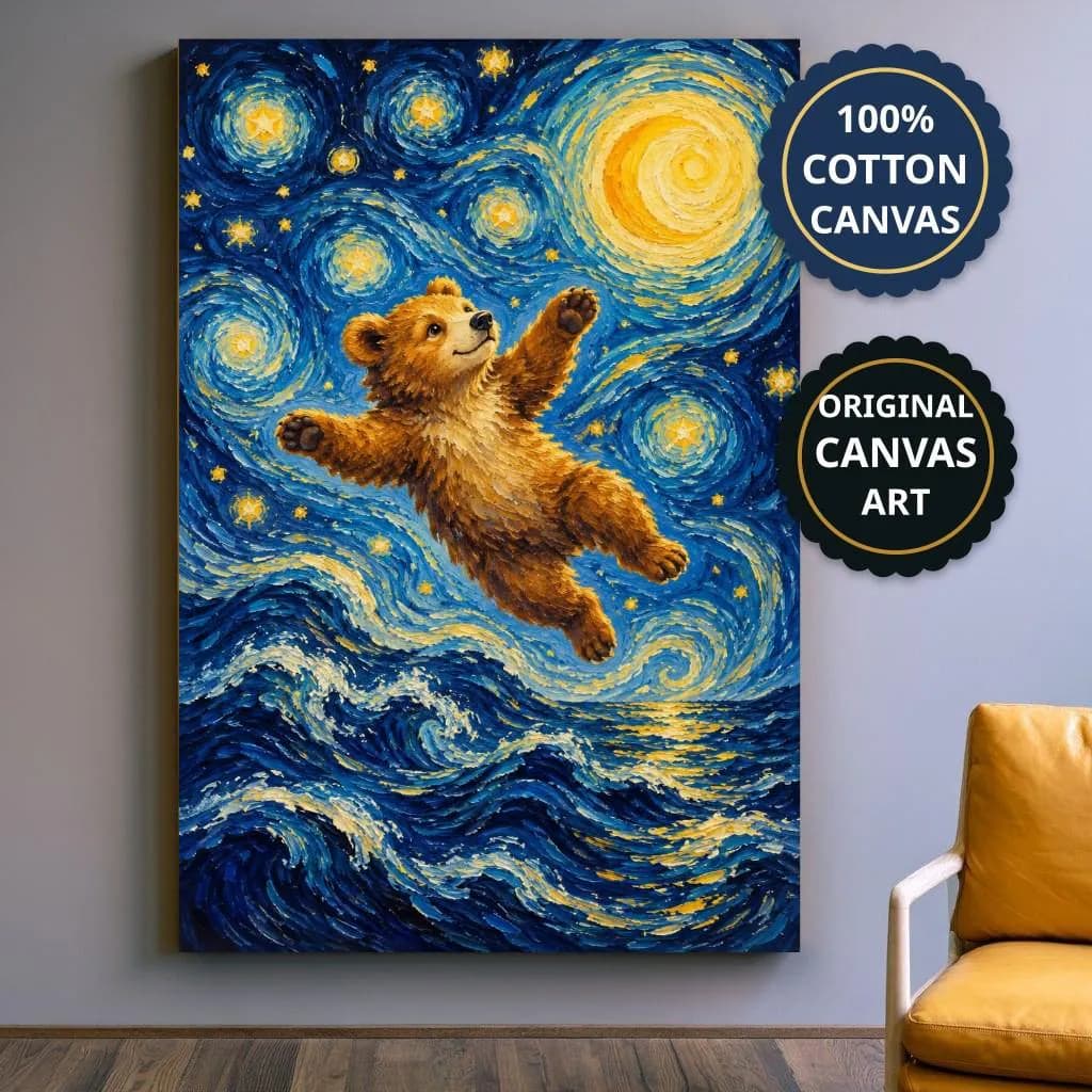 Upward-Reaching Bear Wall Art Canvas, Impressionist Starry Night, Nursery Decor