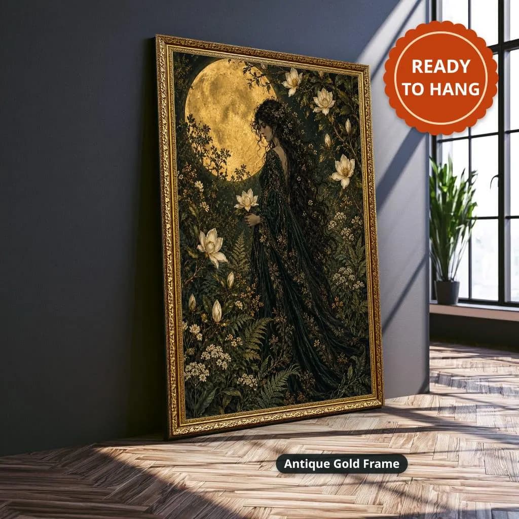 Dark-haired woman in a flowing green gown stands among flowers beneath a golden moon in a detailed Art Nouveau fantasy style. Shown as a stretched canvas print displayed on a wall, view 3.
