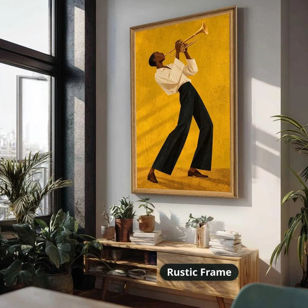 Canvas wall art depicts the Black trumpeter with brass instrument on textured golden yellow in bold retro illustration style, hung above a wooden console in a bright plant-filled room.
