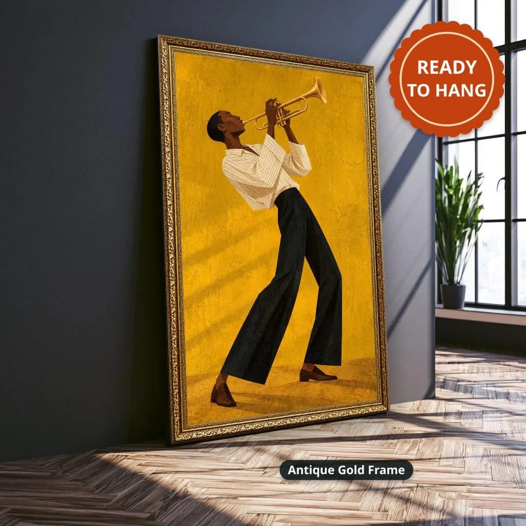Canvas wall art features the Black trumpeter playing brass against textured golden yellow in bold retro illustration style, shown in an ornate antique gold frame leaning by a sunlit window.