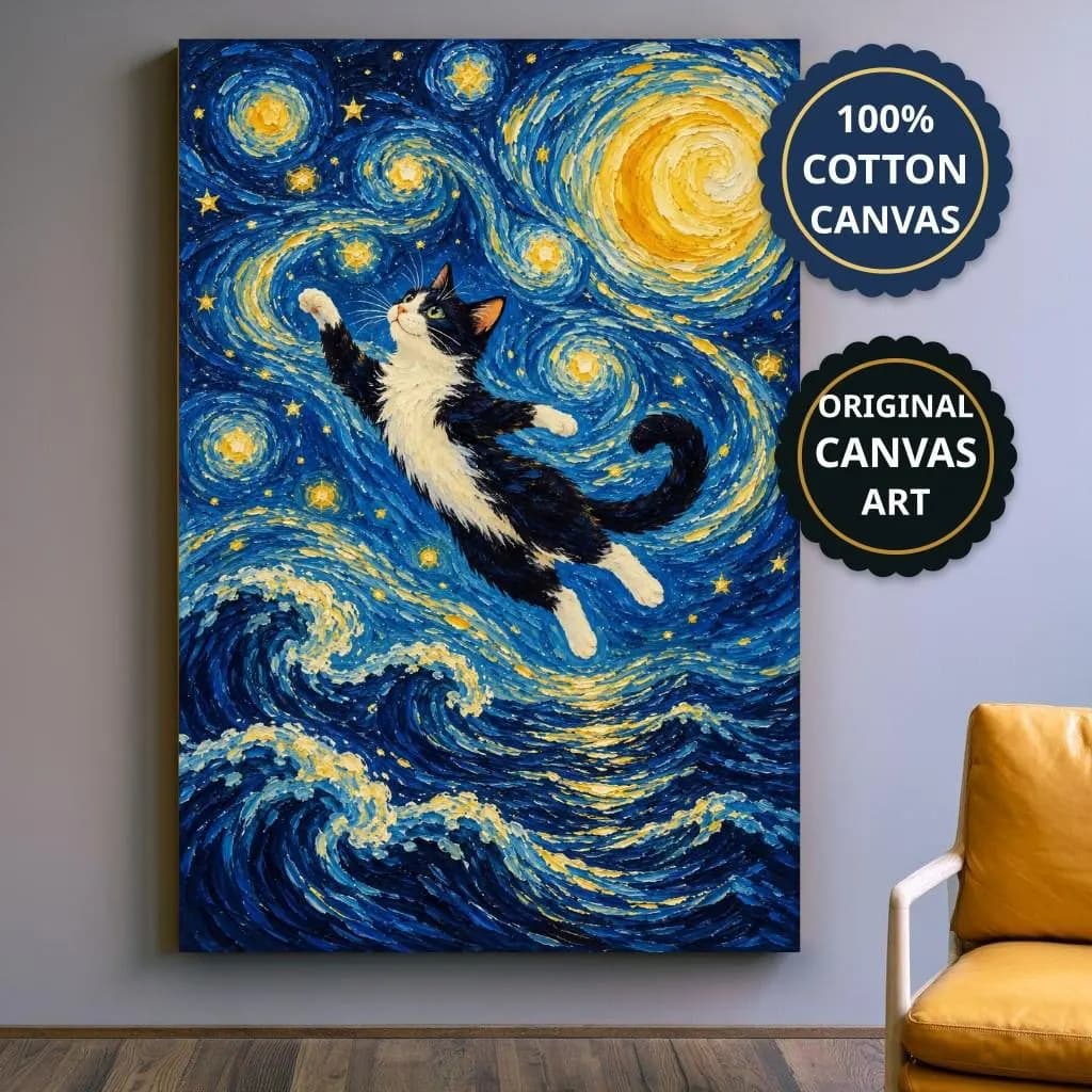 Black White Cat Art Canvas Reaching Through Waves, Whimsical Impressionism, Cat Bedroom Print