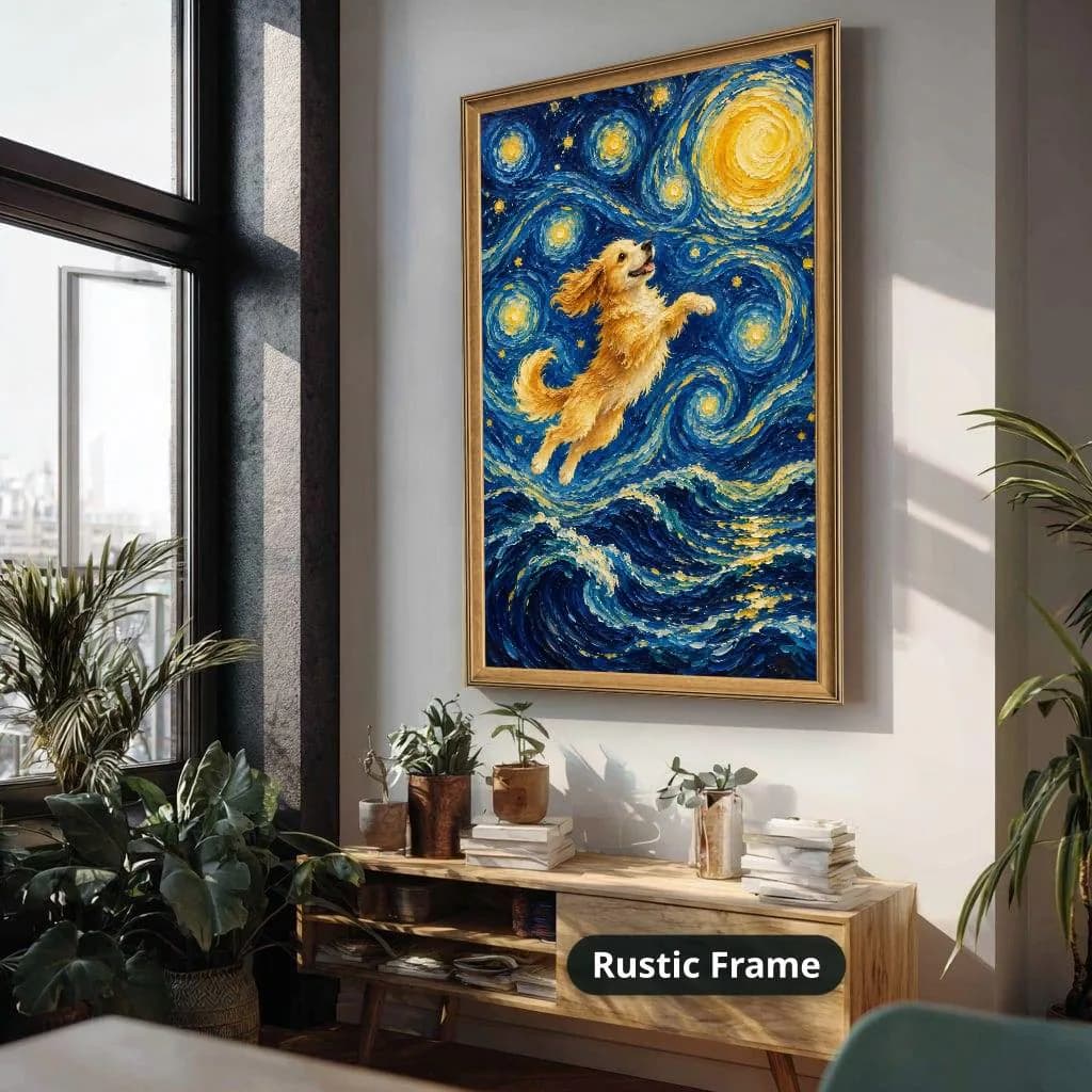 Golden dog leaping over swirling blue waves beneath glowing stars in expressive post-impressionist brushstrokes. Shown as a stretched canvas print displayed on a wall, view 4.
