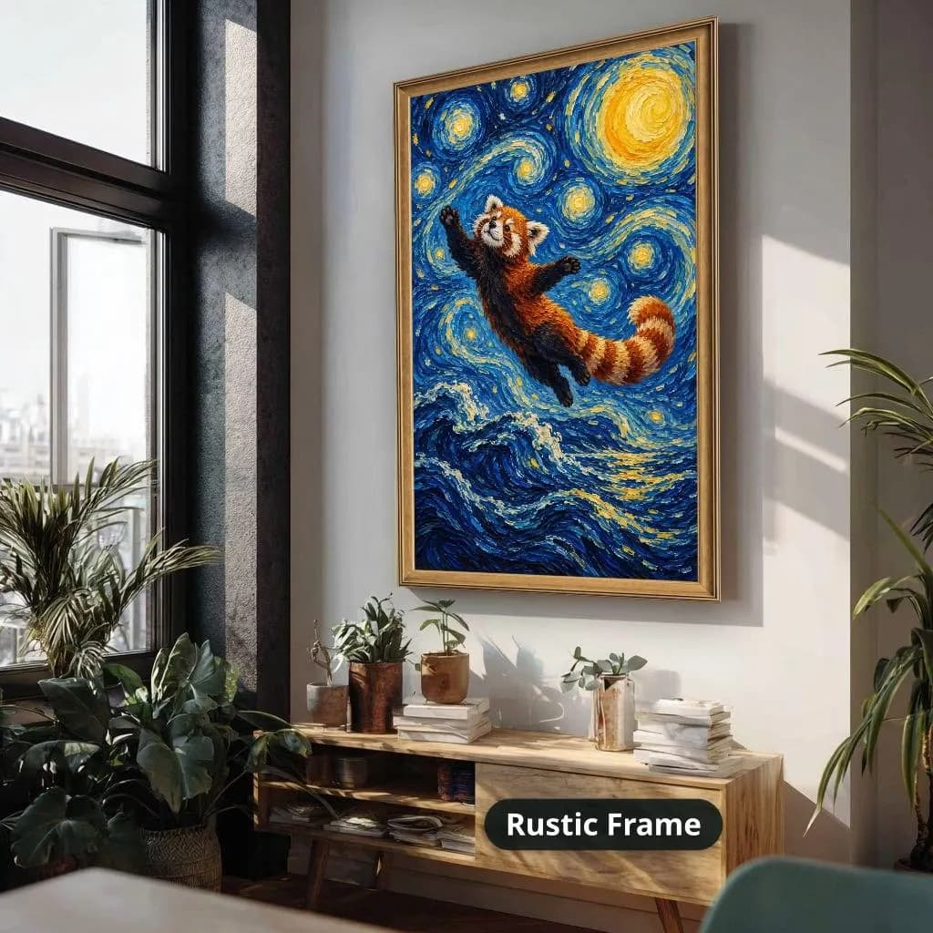 Playful red panda leaps over swirling blue waves beneath golden stars in a whimsical impressionist style. Shown as a stretched canvas print displayed on a wall, view 4.