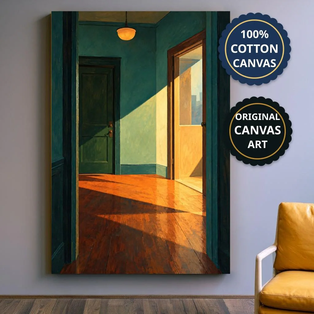 Sunlit Hallway Green Walls Canvas Print, Moody Vintage Art, Entryway Wall Decor