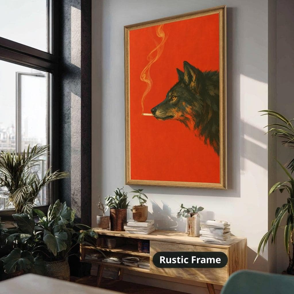 Painterly black wolf smoking a cigarette against a vivid red background with curling smoke. Shown as a stretched canvas print displayed on a wall, view 4.