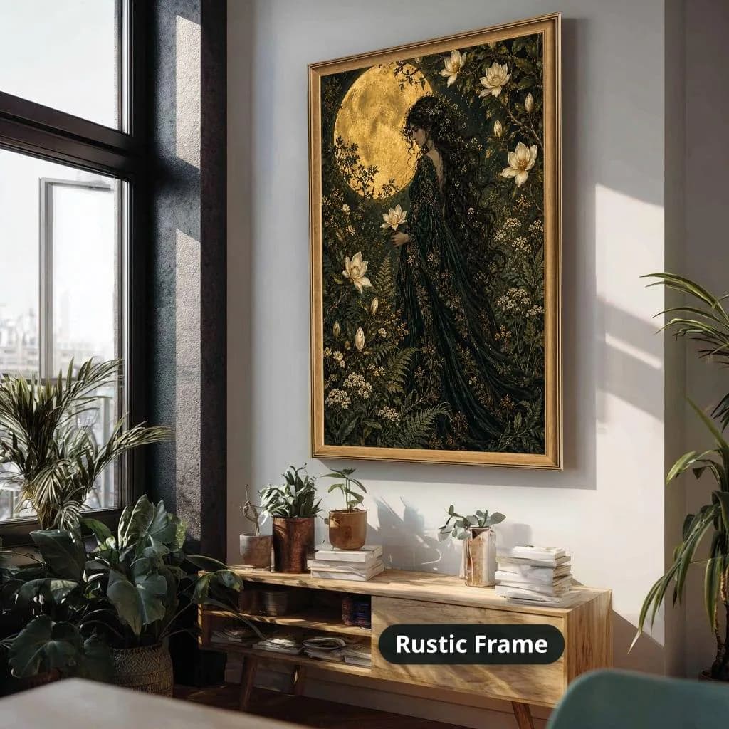Dark-haired woman in a flowing green gown stands among flowers beneath a golden moon in a detailed Art Nouveau fantasy style. Shown as a stretched canvas print displayed on a wall, view 4.