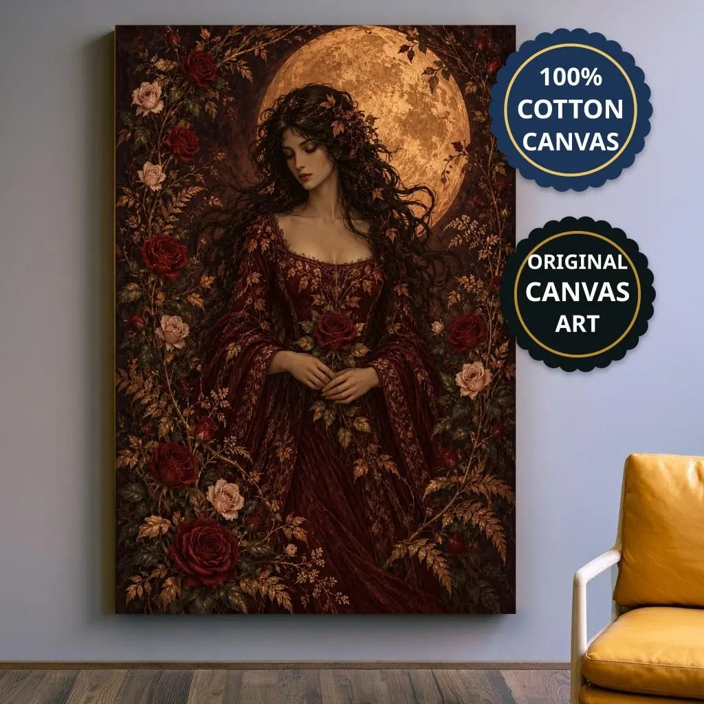 Gothic Woman Beneath Golden Moon Canvas, Dark Romantic, Reading Nook Decor Print