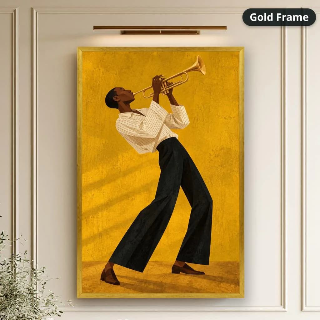 Canvas wall art shows the Black trumpeter and brass instrument on a textured golden yellow background in bold retro illustration style, displayed in a gold frame on a paneled wall.