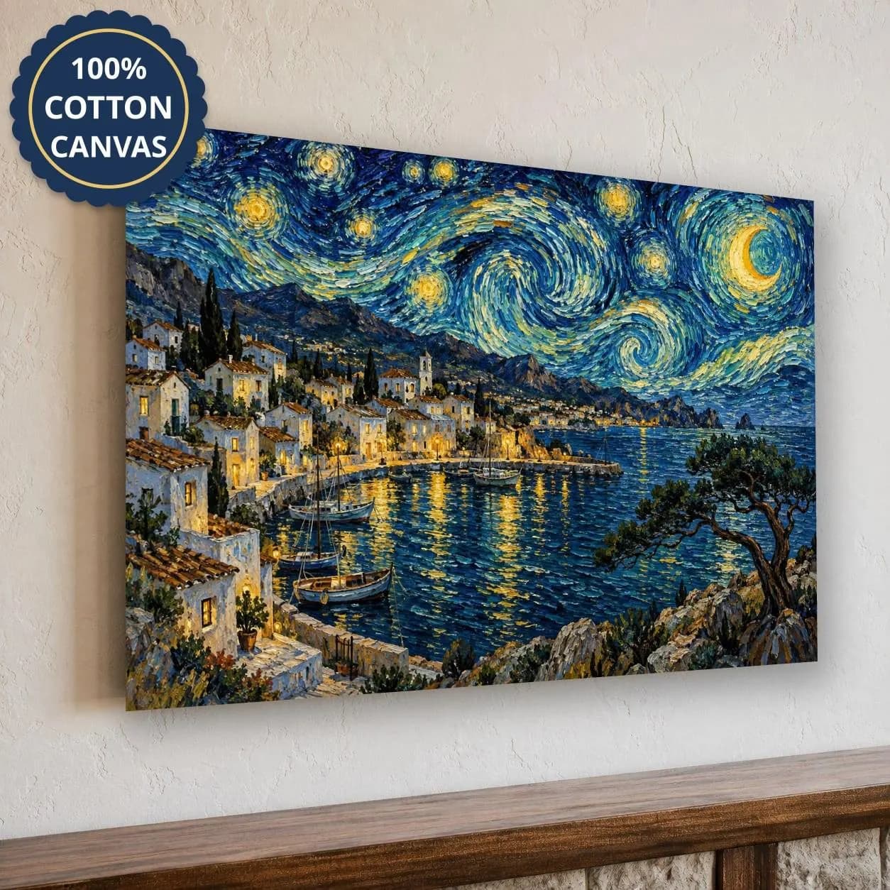 Moonlit Coastal Landscape Harbor Canvas, Post-Impressionist, Above Couch Decor