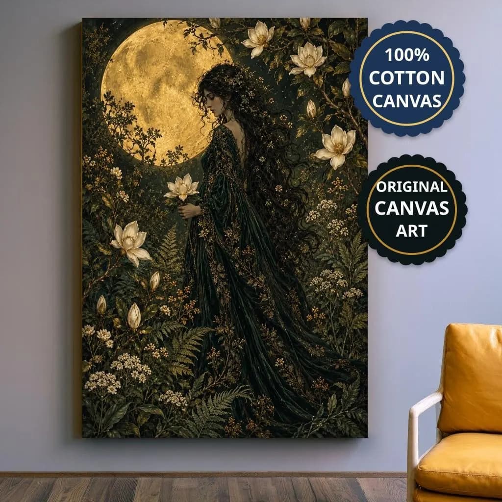 Fantasy Woman Art Canvas, Green Gown Beneath Moon, Art Nouveau Reading Nook Print