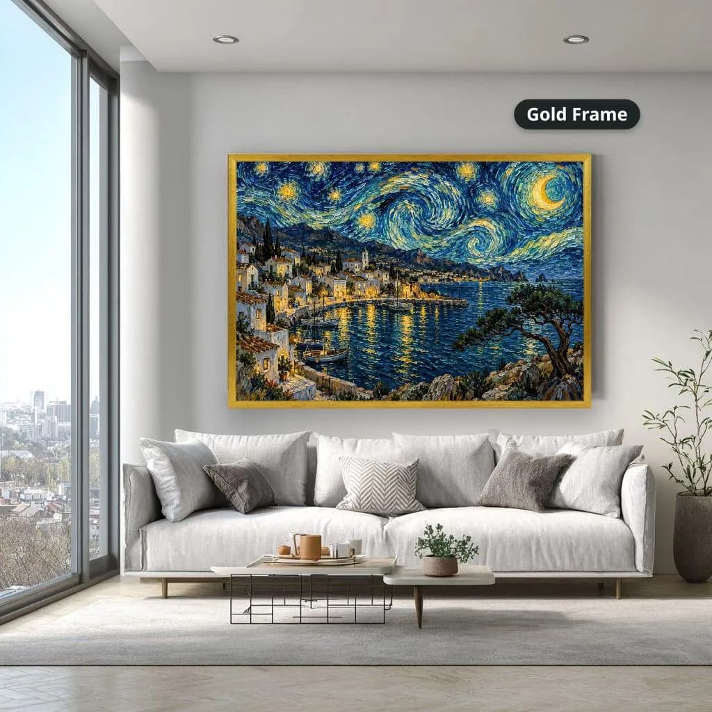 Moonlit coastal village and harbor beneath swirling blue stars and a golden moon in expressive post-impressionist style, shown as framed canvas wall art above a white sofa in a bright living room.