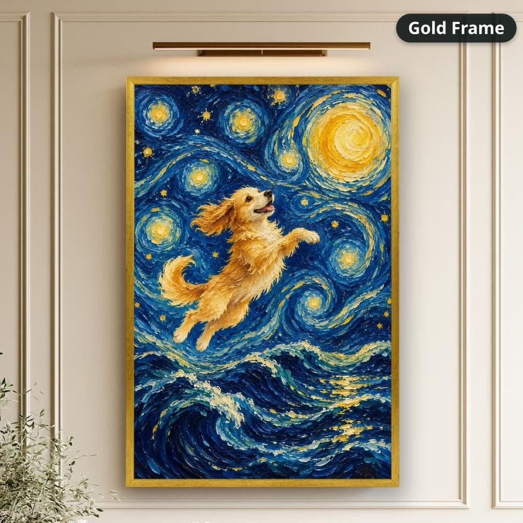 Golden dog leaping over swirling blue waves beneath glowing stars in expressive post-impressionist brushstrokes. Shown as a stretched canvas print displayed on a wall, view 2.